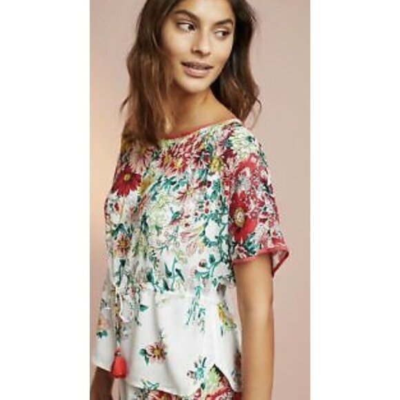 Anthropologie Floral Drawstring Tassel Waist Short Sleeve Top Blouse Floral Sz S